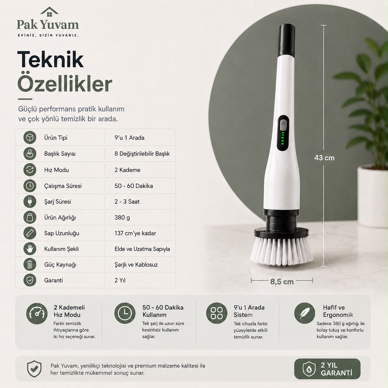 9'u Bir arada Pakyuvam Elektrikli Temizlik Fırçası